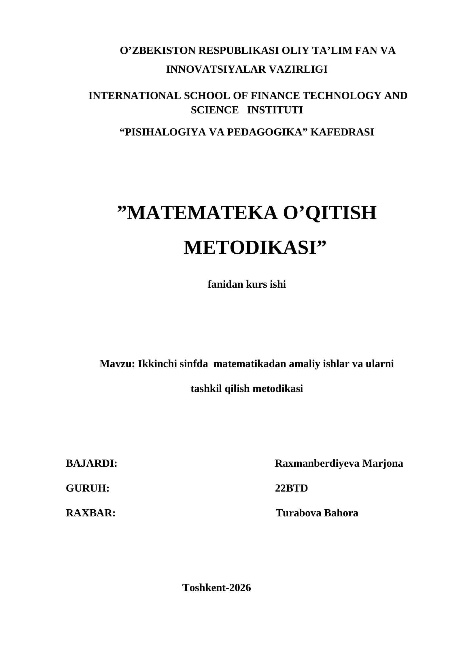 : Ikkinchi sinfda  matematikadan amaliy ishlar va ularni  tashkil qilish metodikasi. kurs ishi