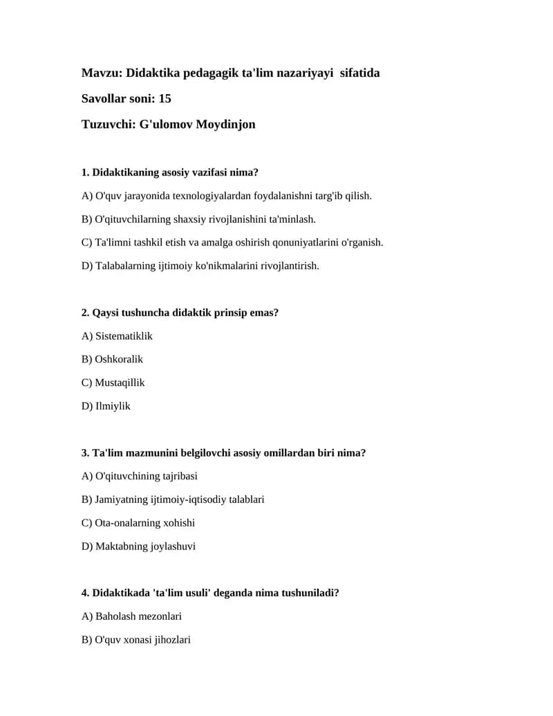 Didaktika pedagagik ta'lim nazariyayi sifatida