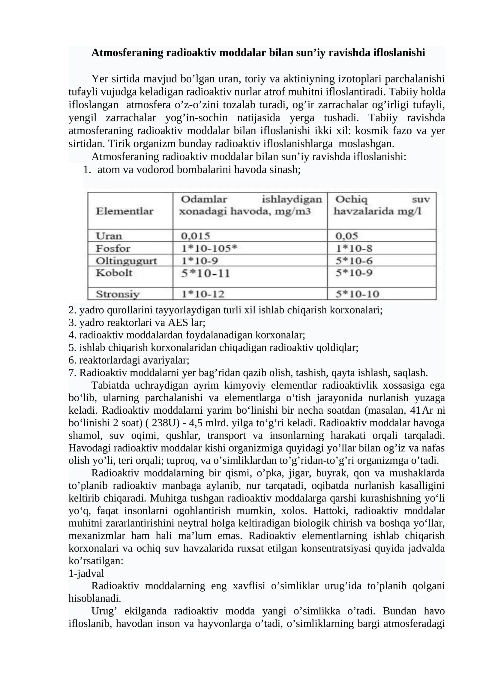 Atmosferaning radioaktiv moddalar bilan sun’iy ravishda ifloslanishi