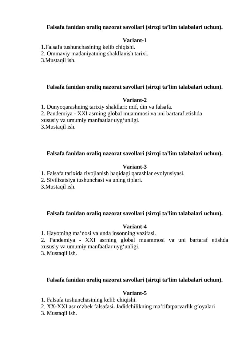 Oraliq nazorat savollari (sirtqi ta’lim talabalari uchun)