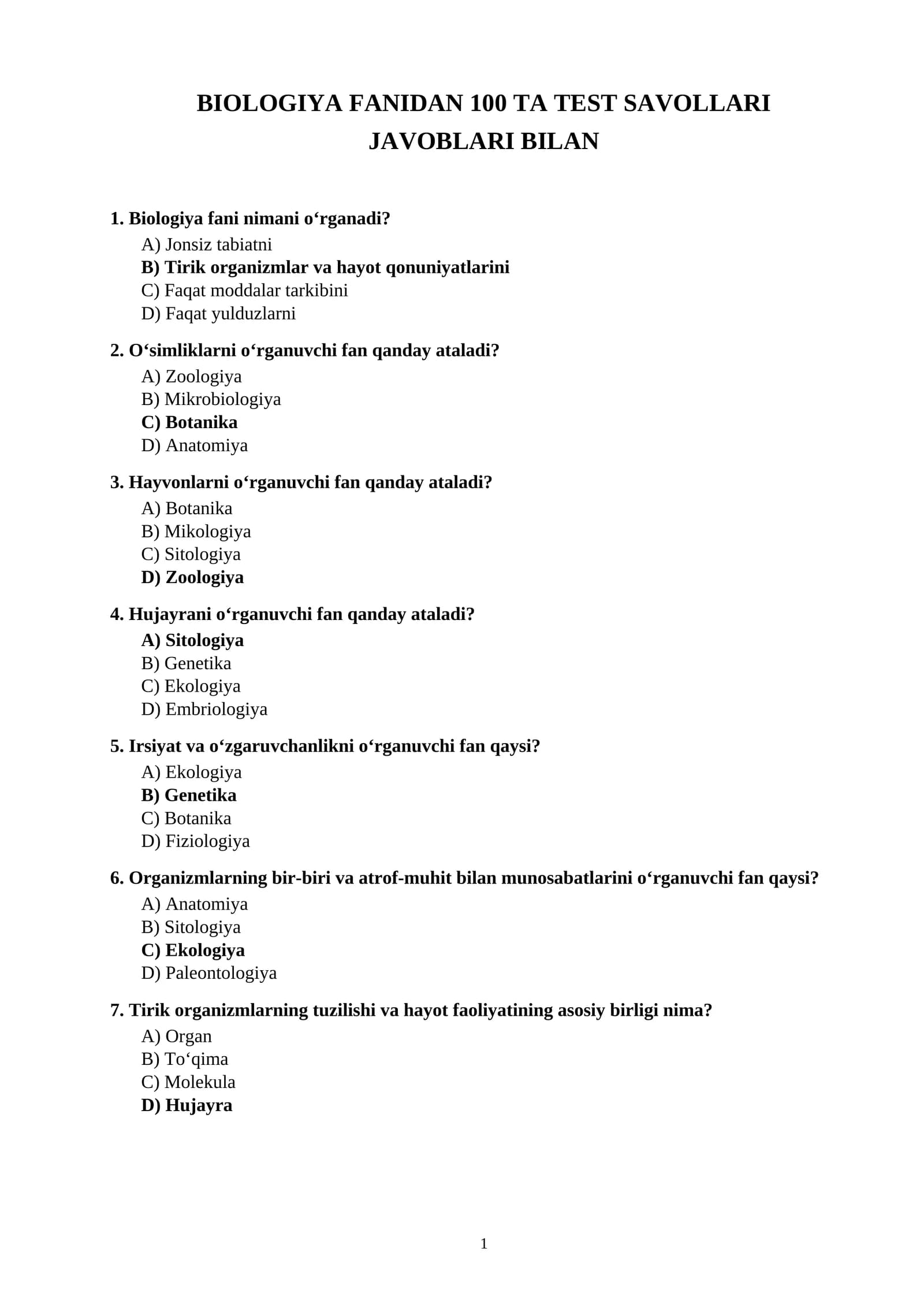 BIOLOGIYA FANIDAN 100 TA TEST SAVOLLARI JAVOBLARI BILAN