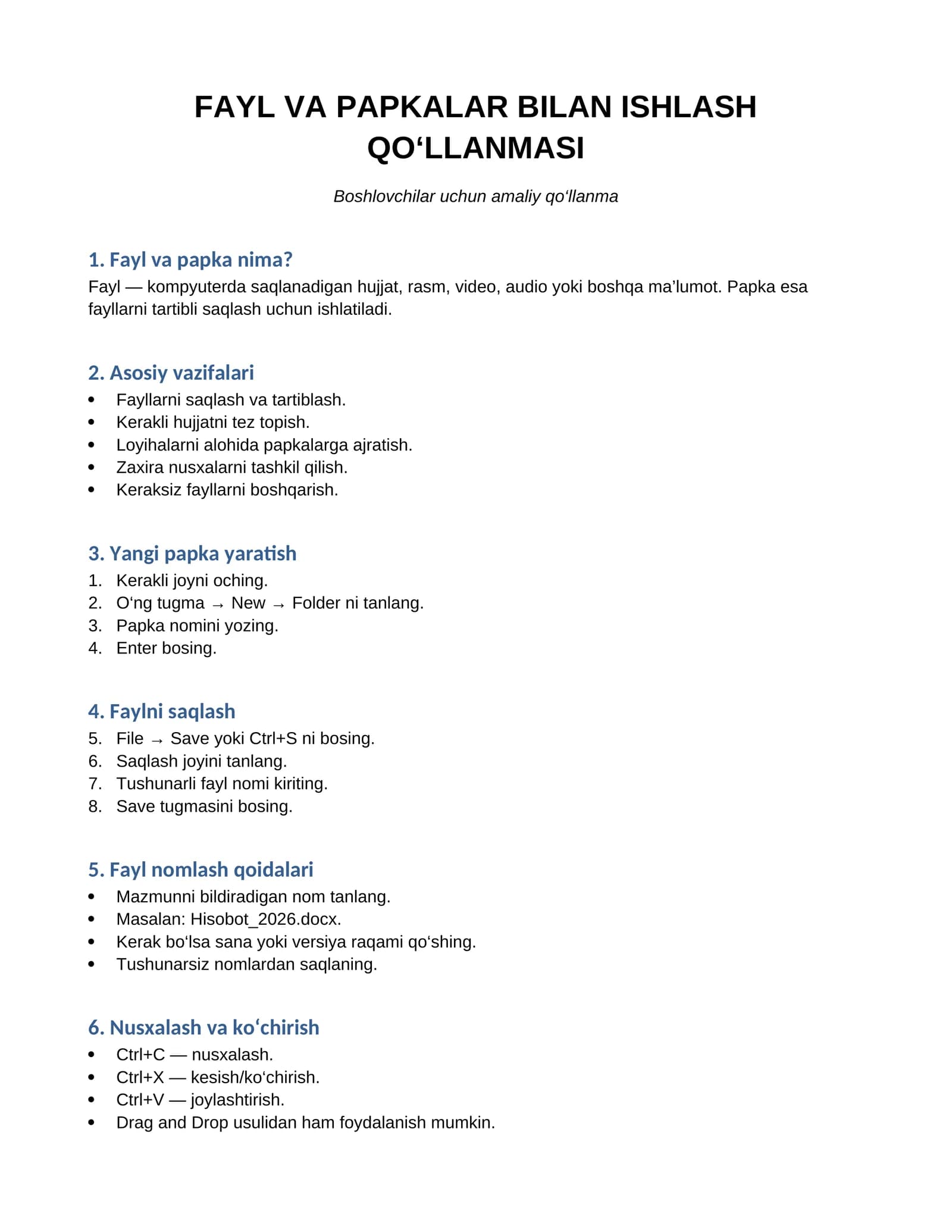 Fayl va Papkalar Bilan Ishlash Qo‘llanmasi