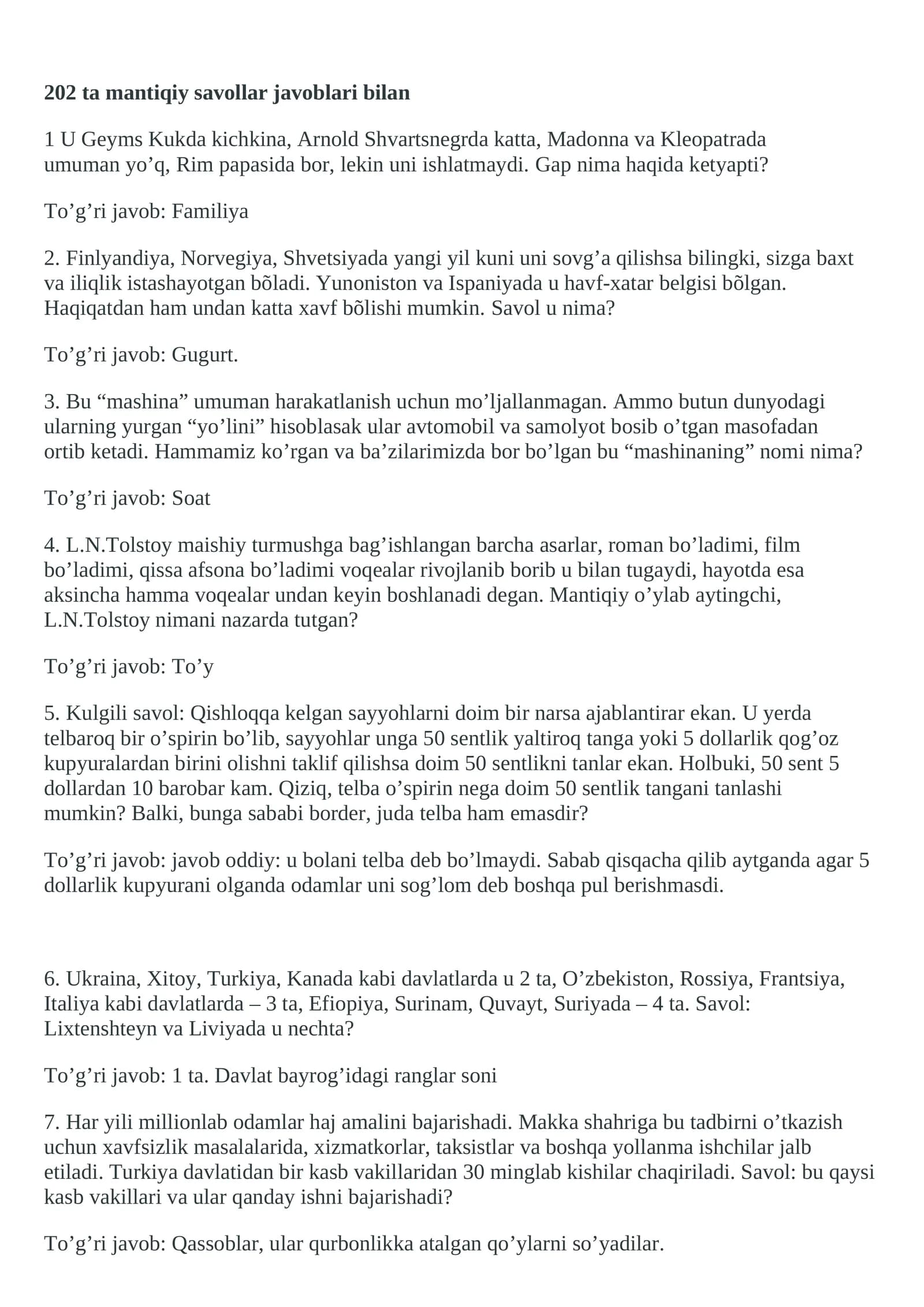 202 ta mantiqiy savollar javoblari bilan