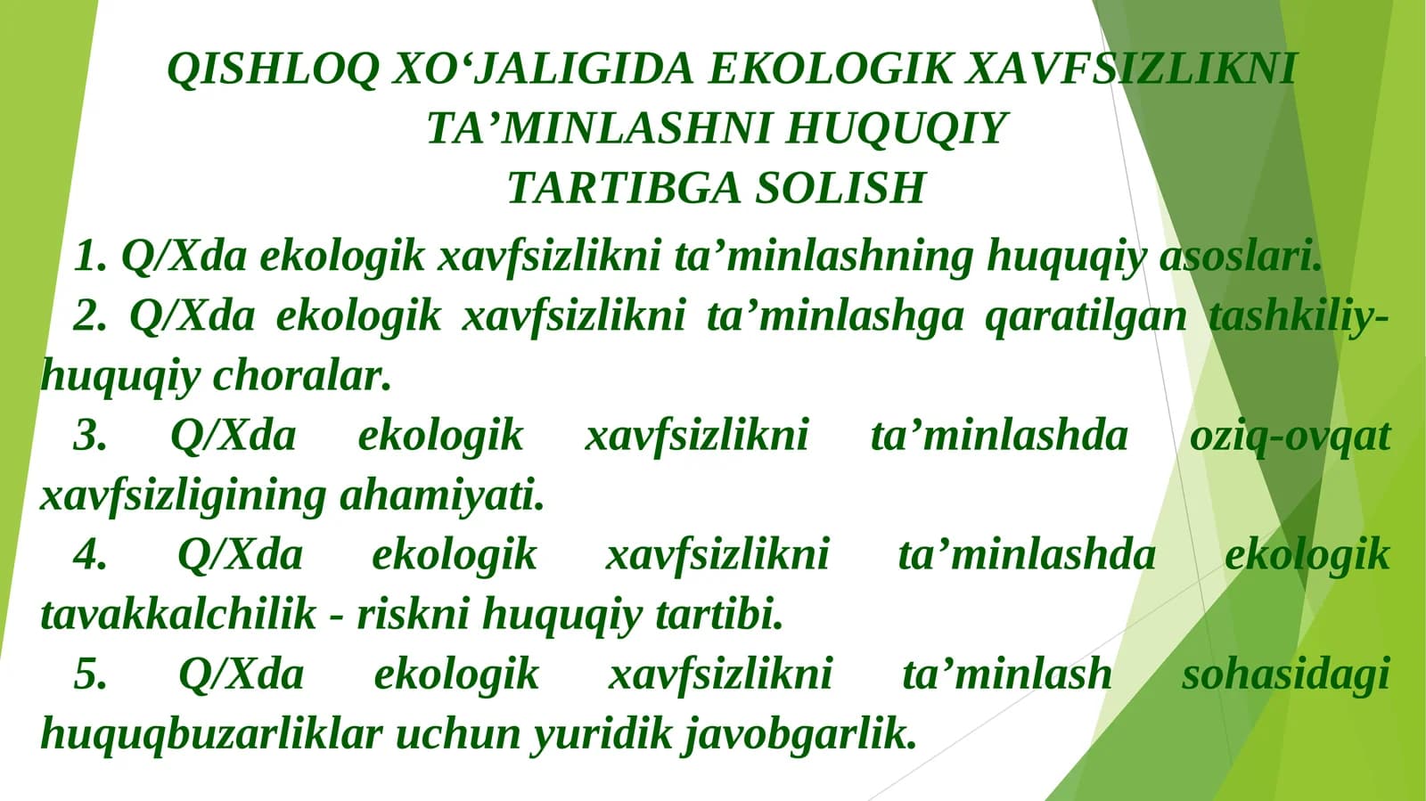 Ekologik xavfsizlikni ta’minlashni huquqiy tartibga solish
