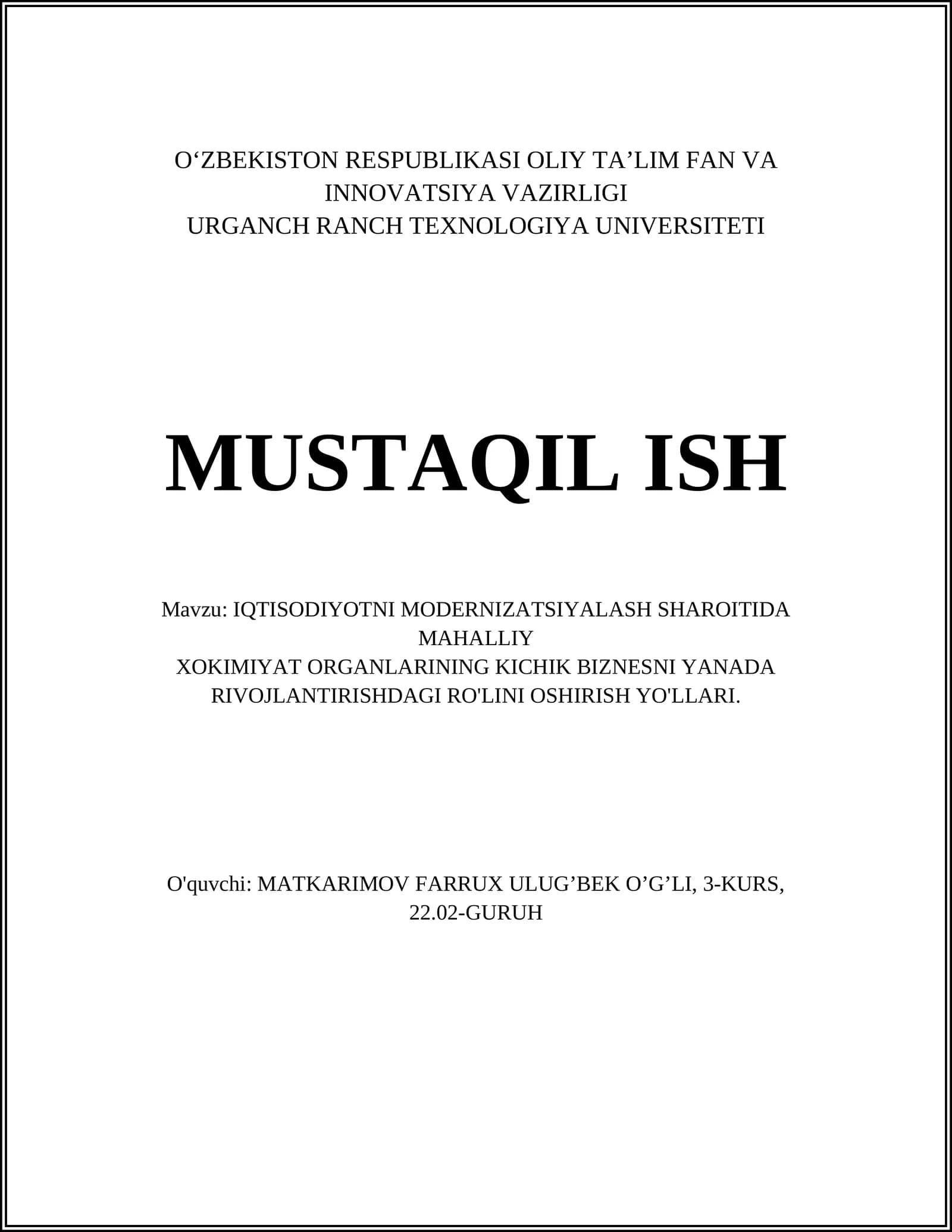 Mahalliy Hokimiyat Organlarining Kichik Biznesni Yanada Rivojlantirish Ro'lini Oshirish Yo'llari