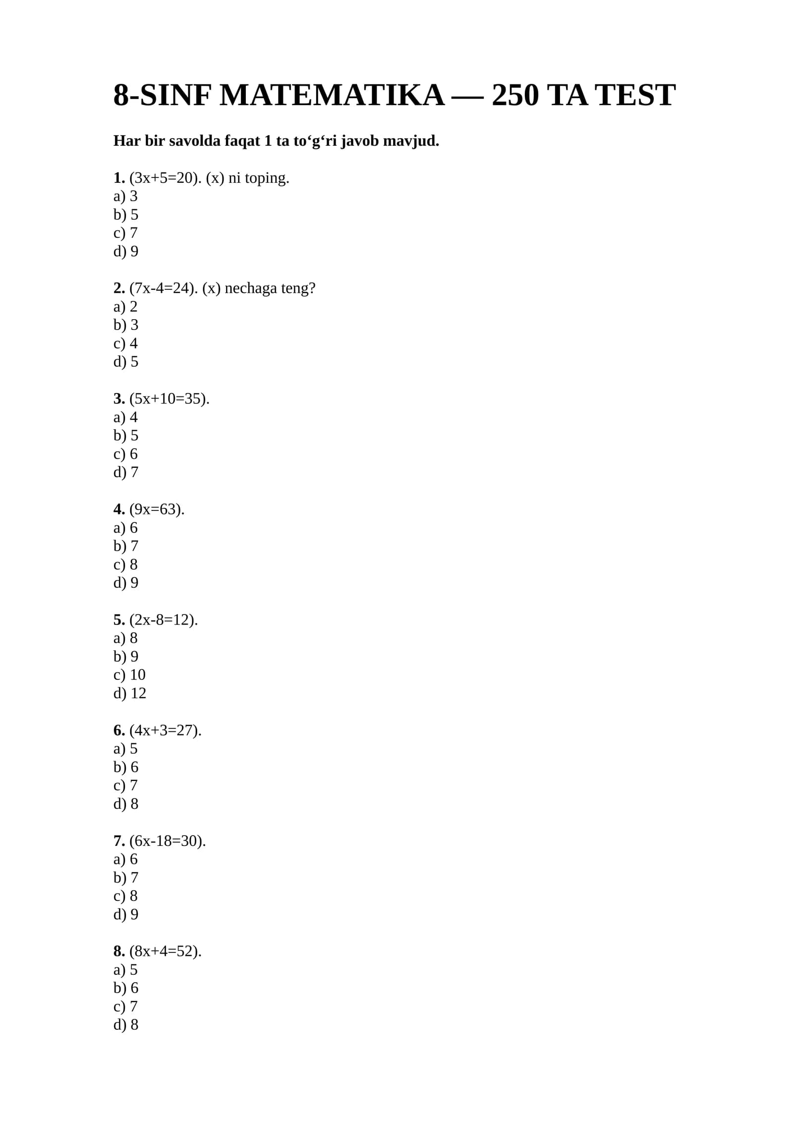 📘 8-SINF MATEMATIKA — 250 TA TEST