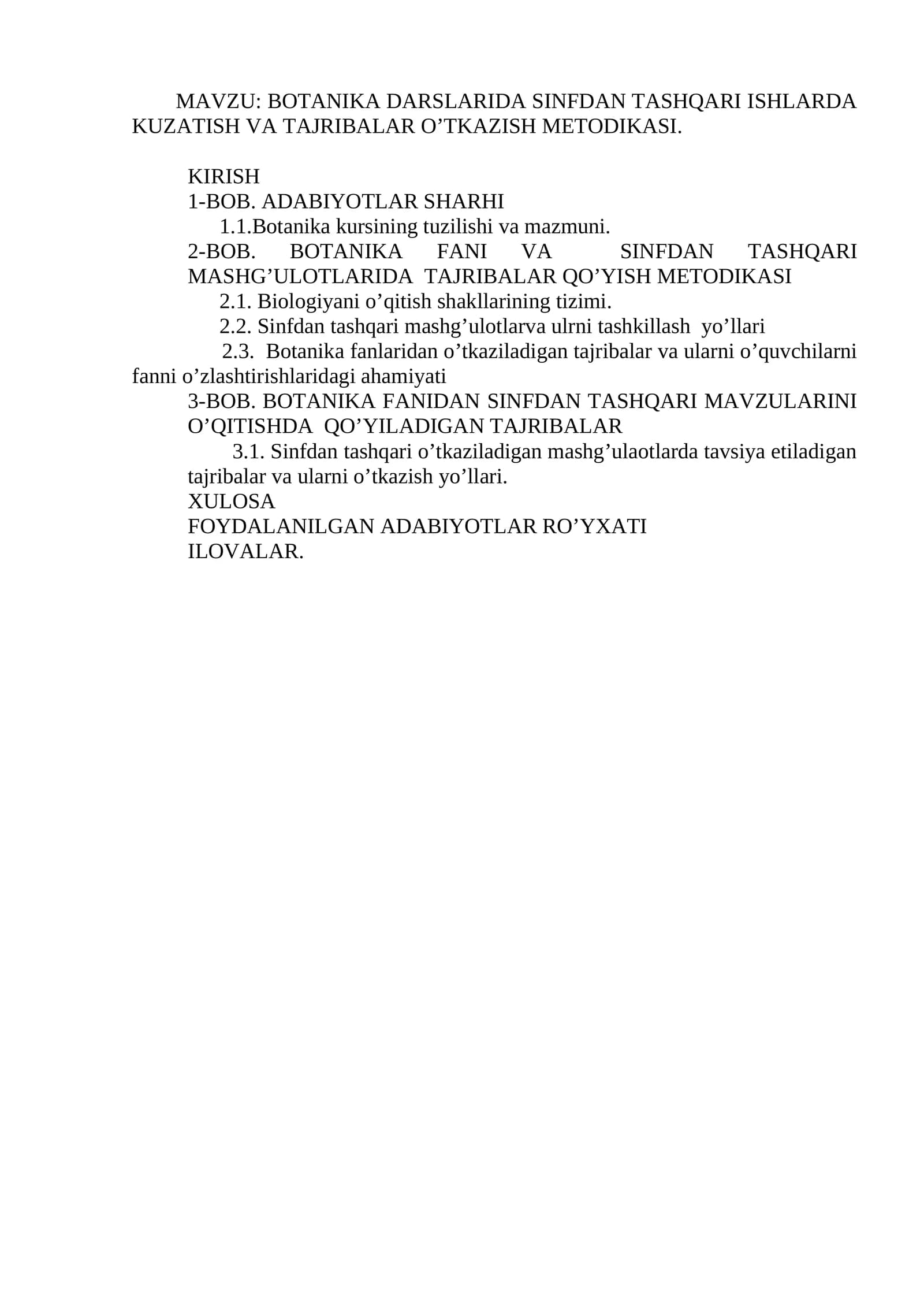 BOTANIKA DARSLARIDA SINFDAN TASHQARI ISHLARDA KUZATISH VA TAJRIBALAR O’TKAZISH METODIKASI