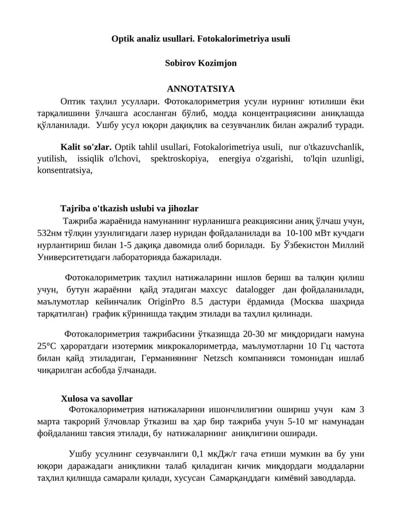Optik analiz usullari. Fotokalorimetriya usuli