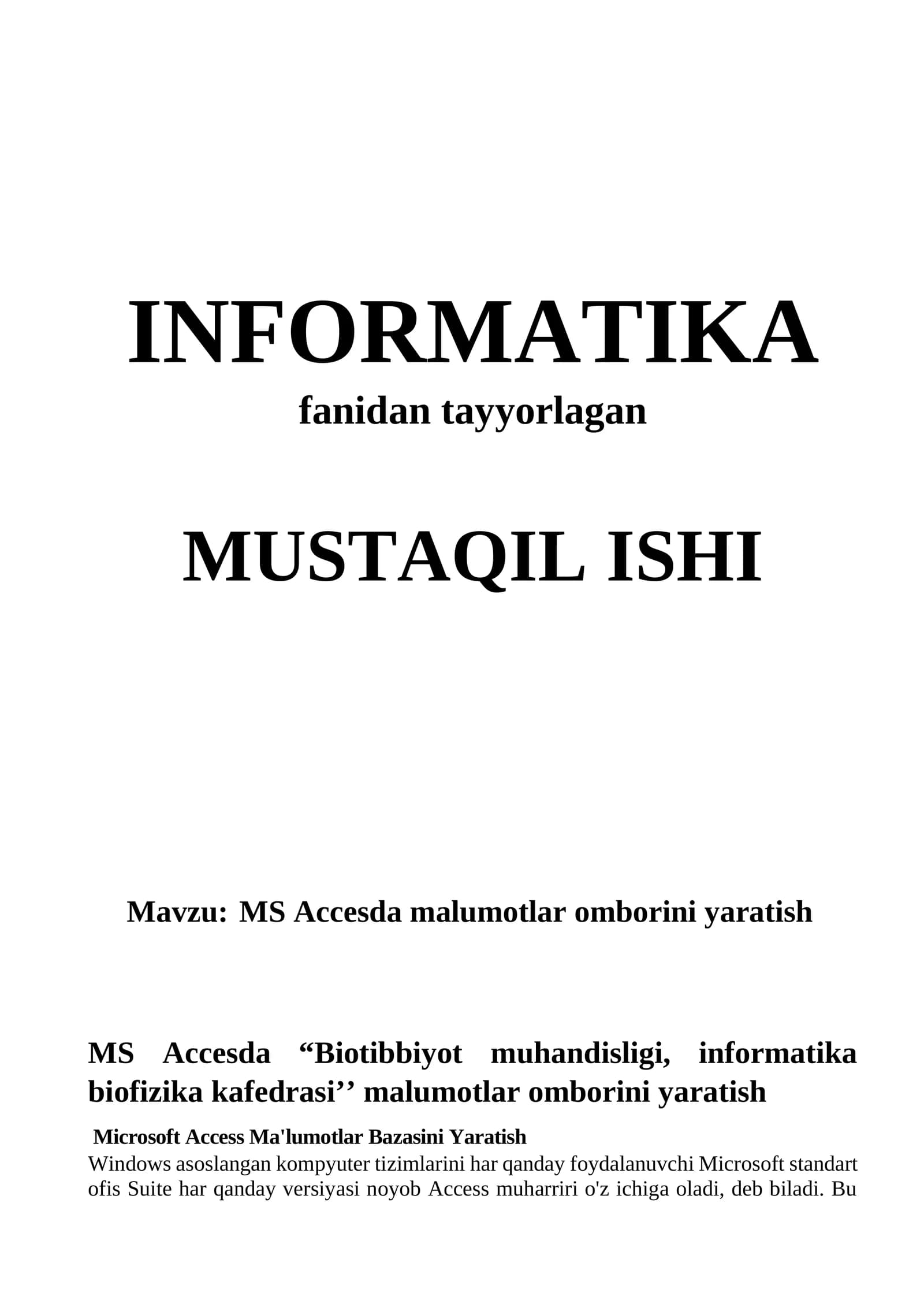 Microsoft Access Ma'lumotlar Bazasini Yaratish