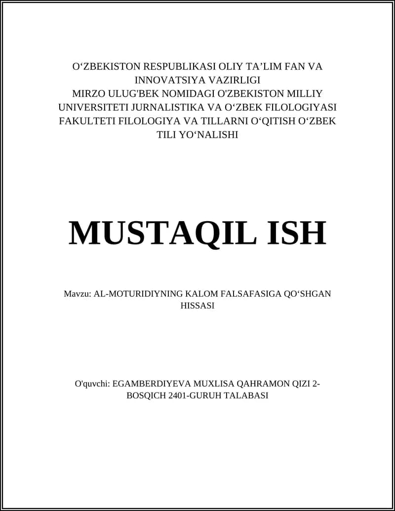 AL-MOTURIDIYNING KALOM FALSAFASIGA QO‘SHGAN HISSASI