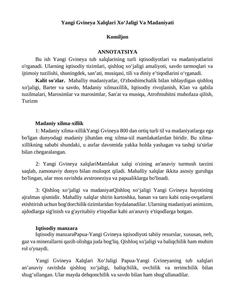 Yangi Gvineya Xalqlari Xo'Jaligi Va Madaniyati