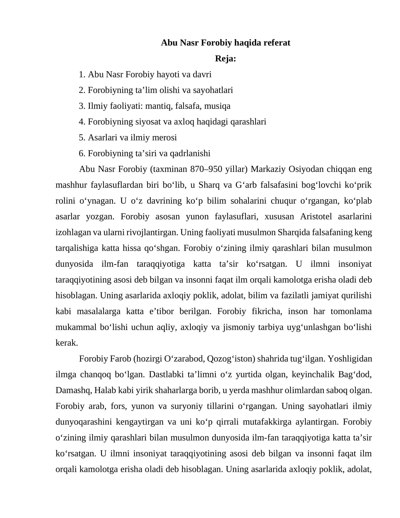 Abu Nasr Forobiy haqida referat