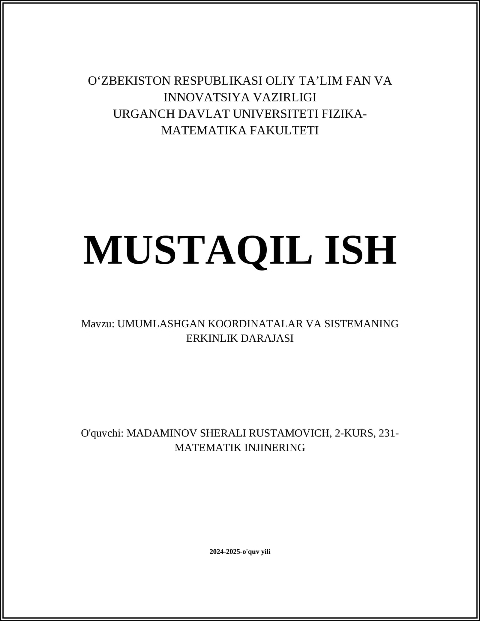 UMUMLASHGAN KOORDINATALAR VA SISTEMANING ERKINLIK DARAJASI