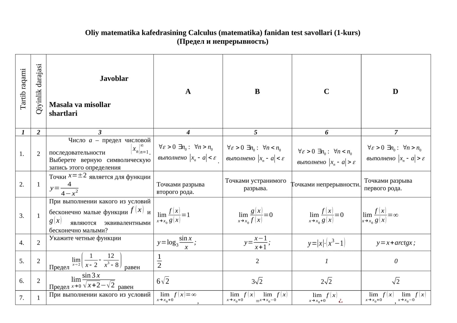 Calculus (mathematics) test questions (1st year)