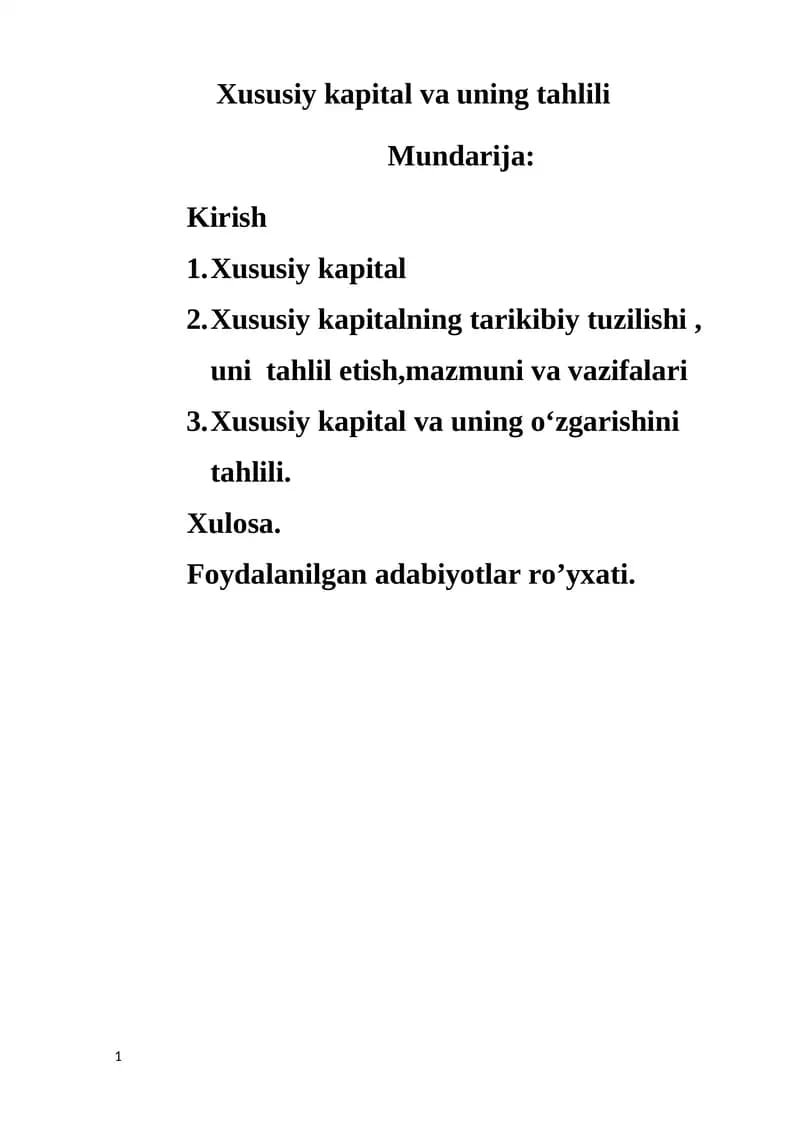 Xususiykapital va uning tahlili