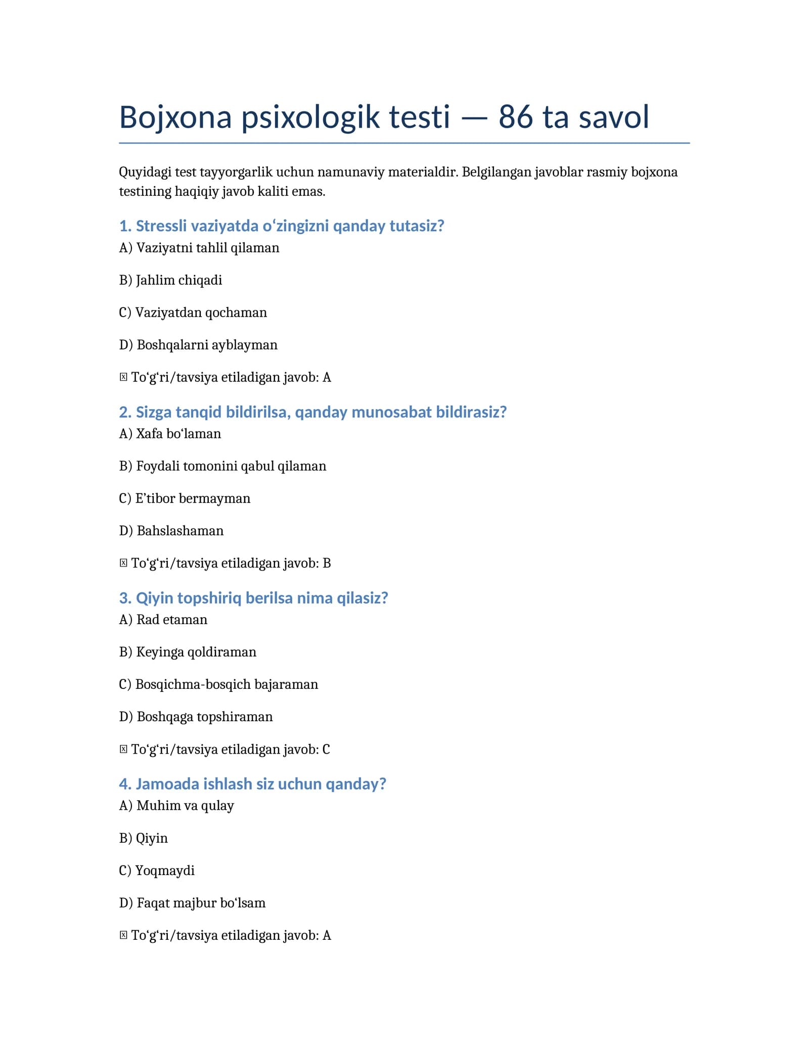 Bojxona psixologik test savollari 86 va javobi