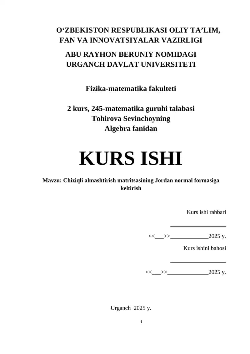 Chiziqli almashtirish matritsasining Jordan normal formasiga keltirish