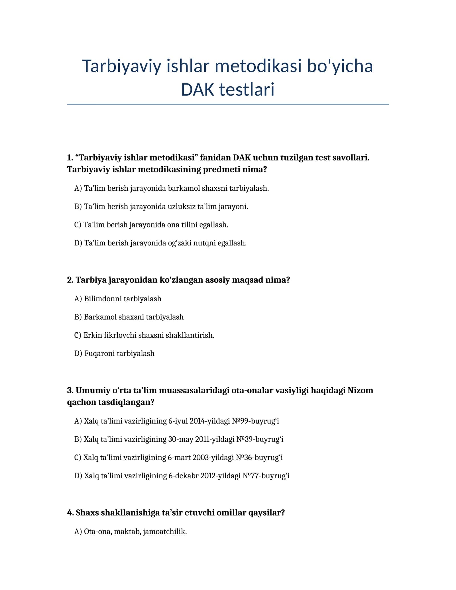 Tarbiyaviy ishlar metodikasi bo'yicha DAK testlari