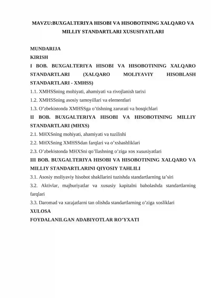 BUXGALTERIYA HISOBI VA HISOBOTINING XALQARO VA MILLIY STANDARTLARI XUSUSIYATLARI