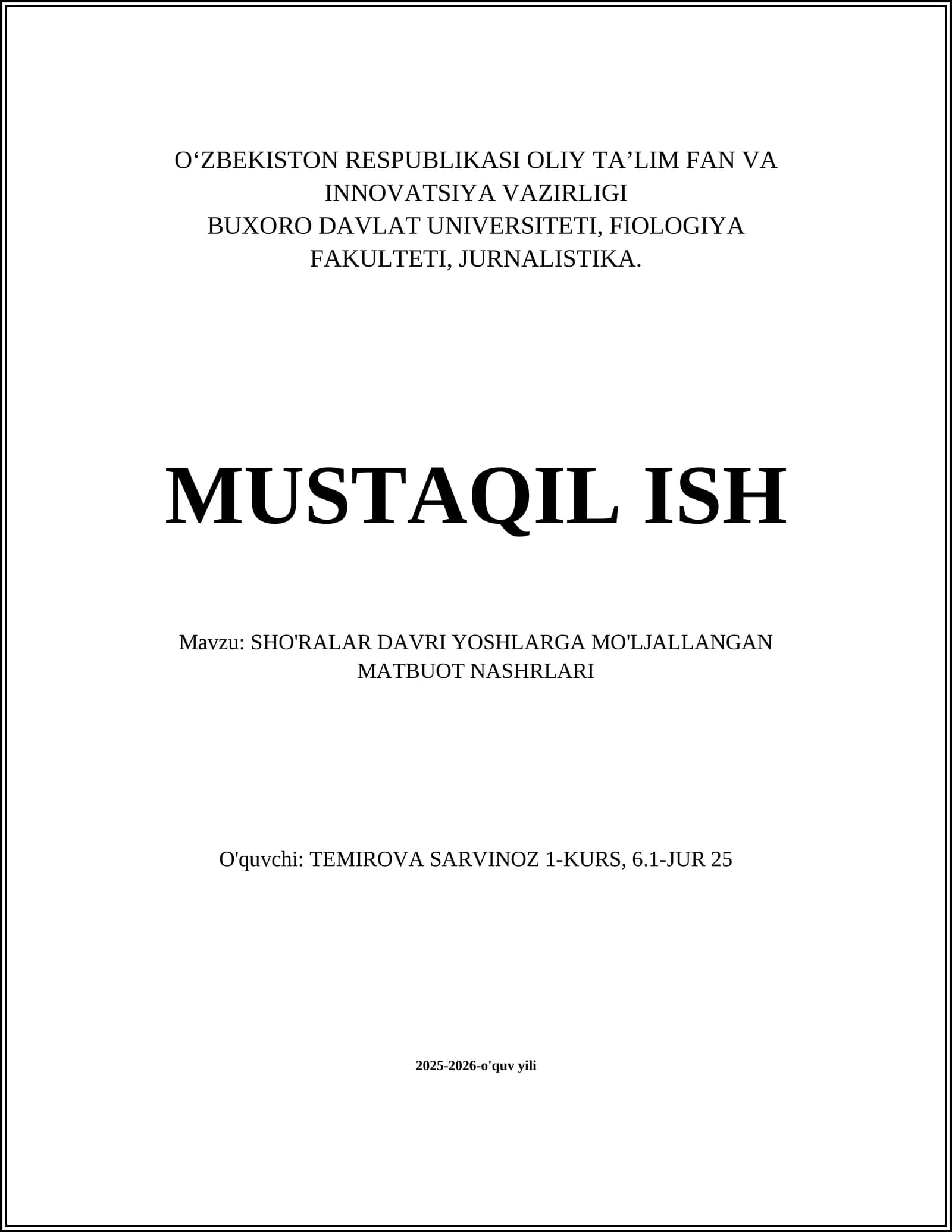 SHO'RALAR DAVRI YOSHLARGA MO'LJALLANGAN MATBUOT NASHRLARI