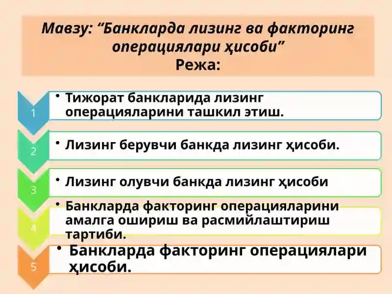 Банкларда Лизинг ва Факторинг операциялари ҳисоби