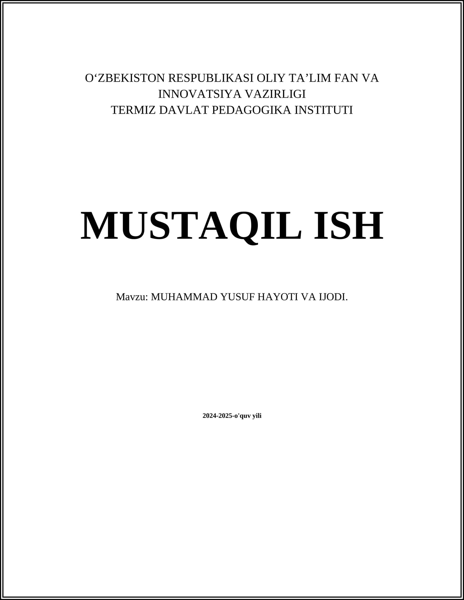 MUHAMMAD YUSUF HAYOTI VA IJODI