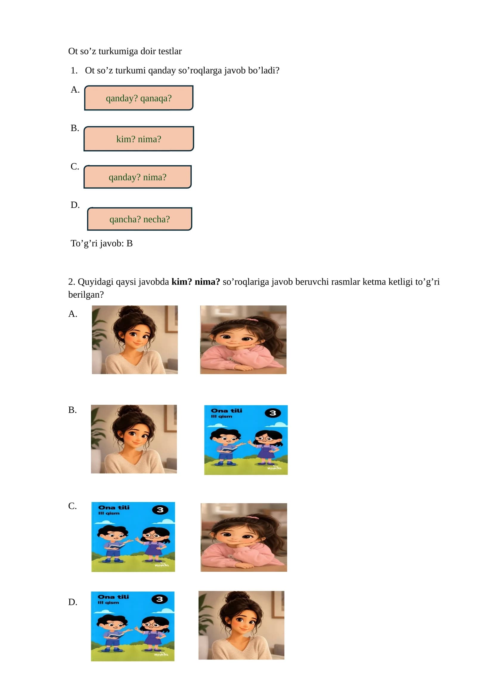 Ot so'z turkumiga doir testlar