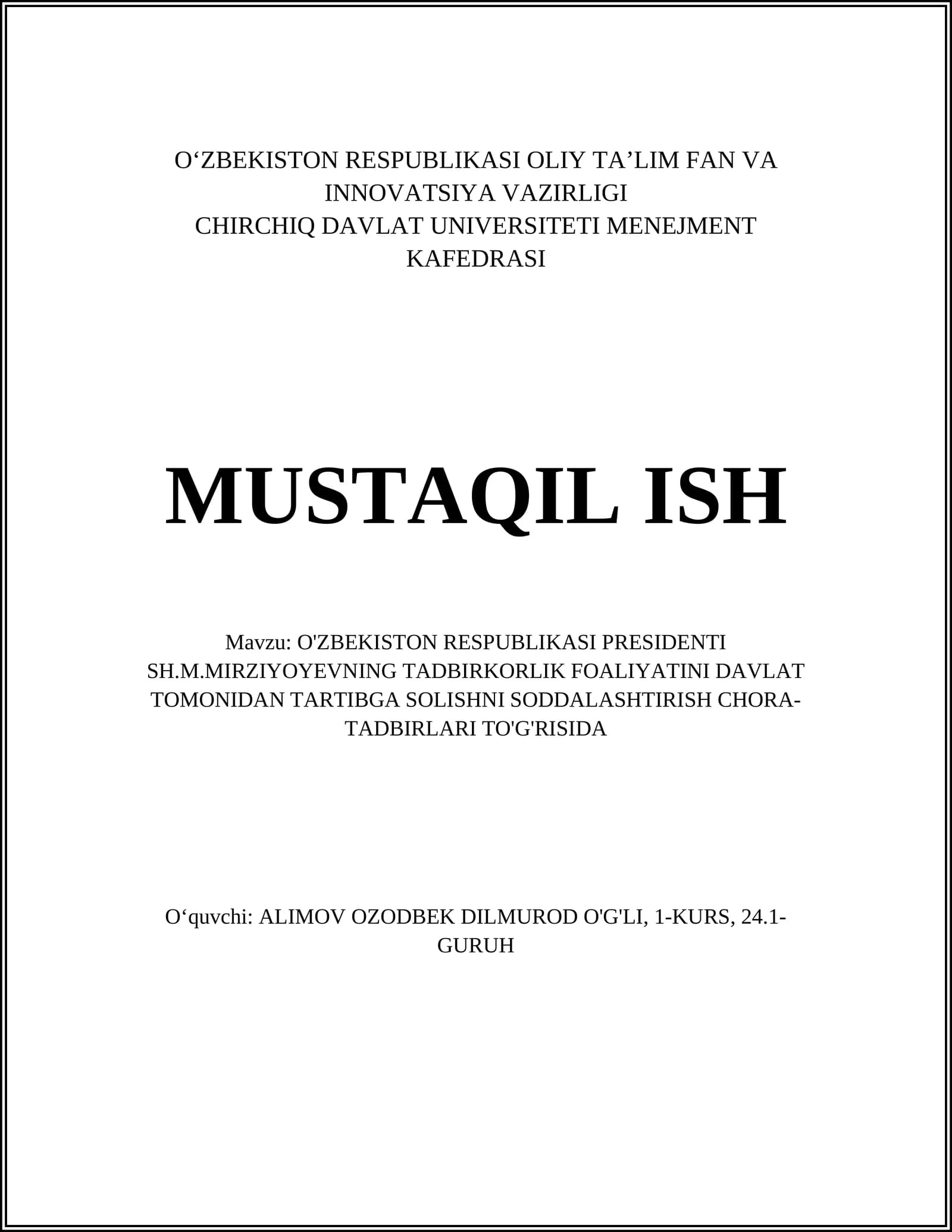 O'ZBEKISTON RESPUBLIKASI PRESIDENTI SH.M.MIRZIYOYEVNING TADBIRKORLIK FOALIYATINI DAVLAT TOMONIDAN TARTIBGA SOLISHNI SODDALASHTIRISH CHORA-TADBIRLARI TO'G'RISIDA