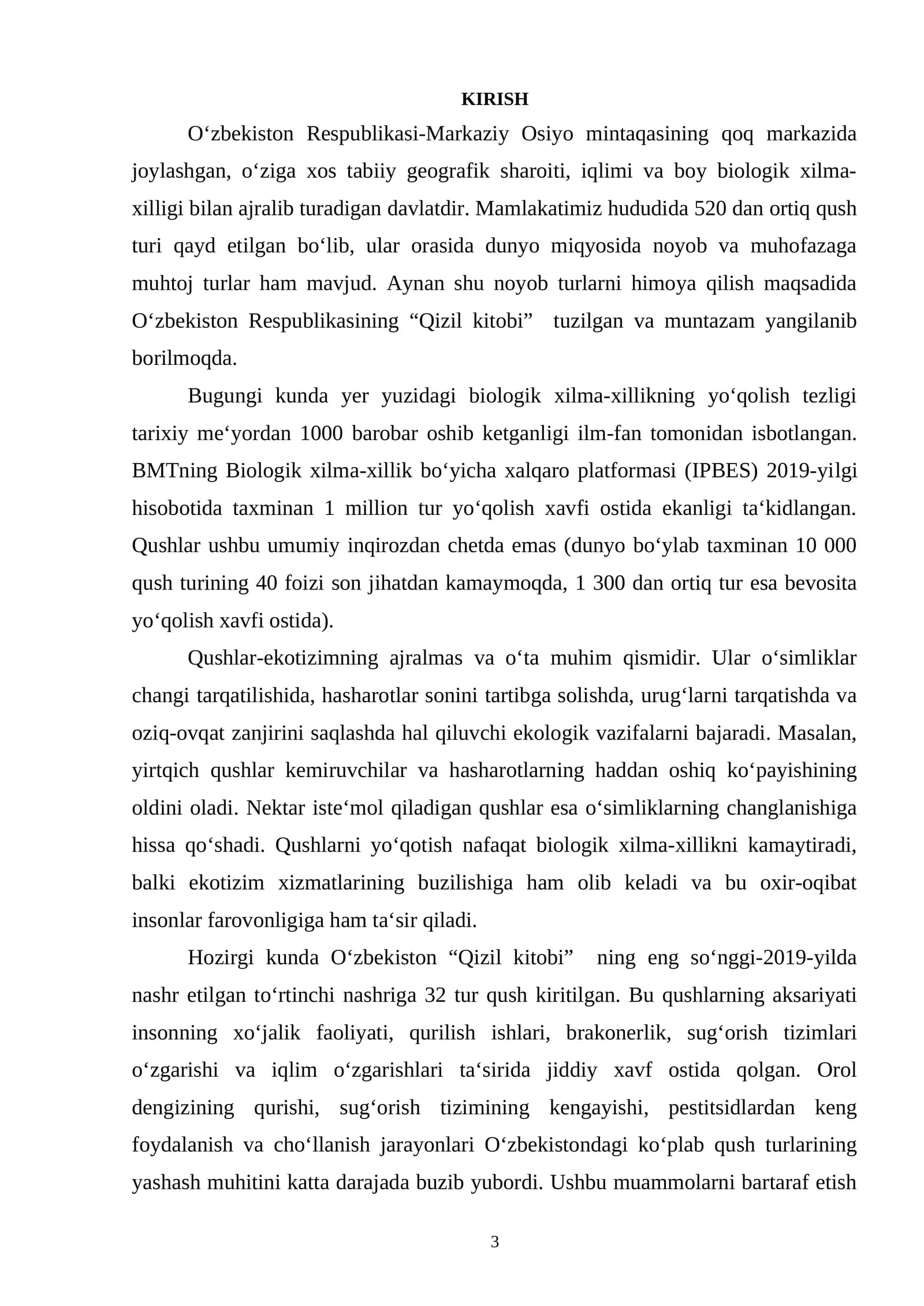 O‘zbekiston Respublikasi “Qizil kitobi”ga kiritilgan qushlarning hozirgi holati va muhofaza qilish choralari