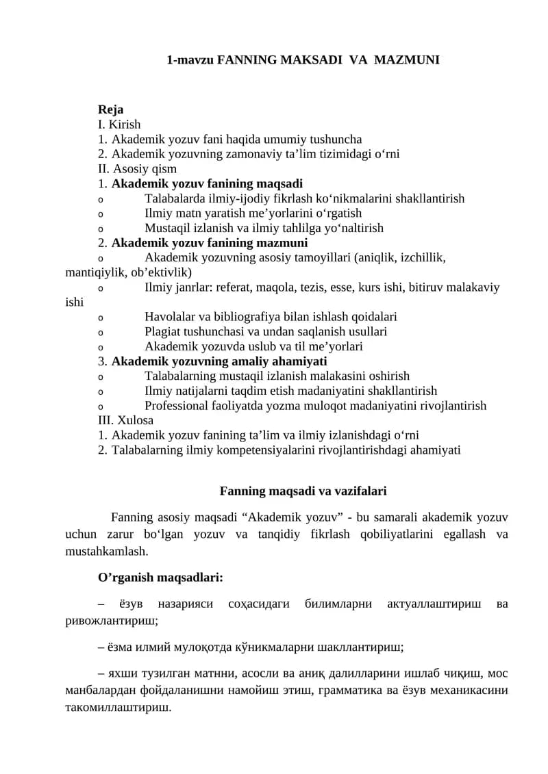 Akademik Yozuv Fanining Maqsadi va Mazmuni