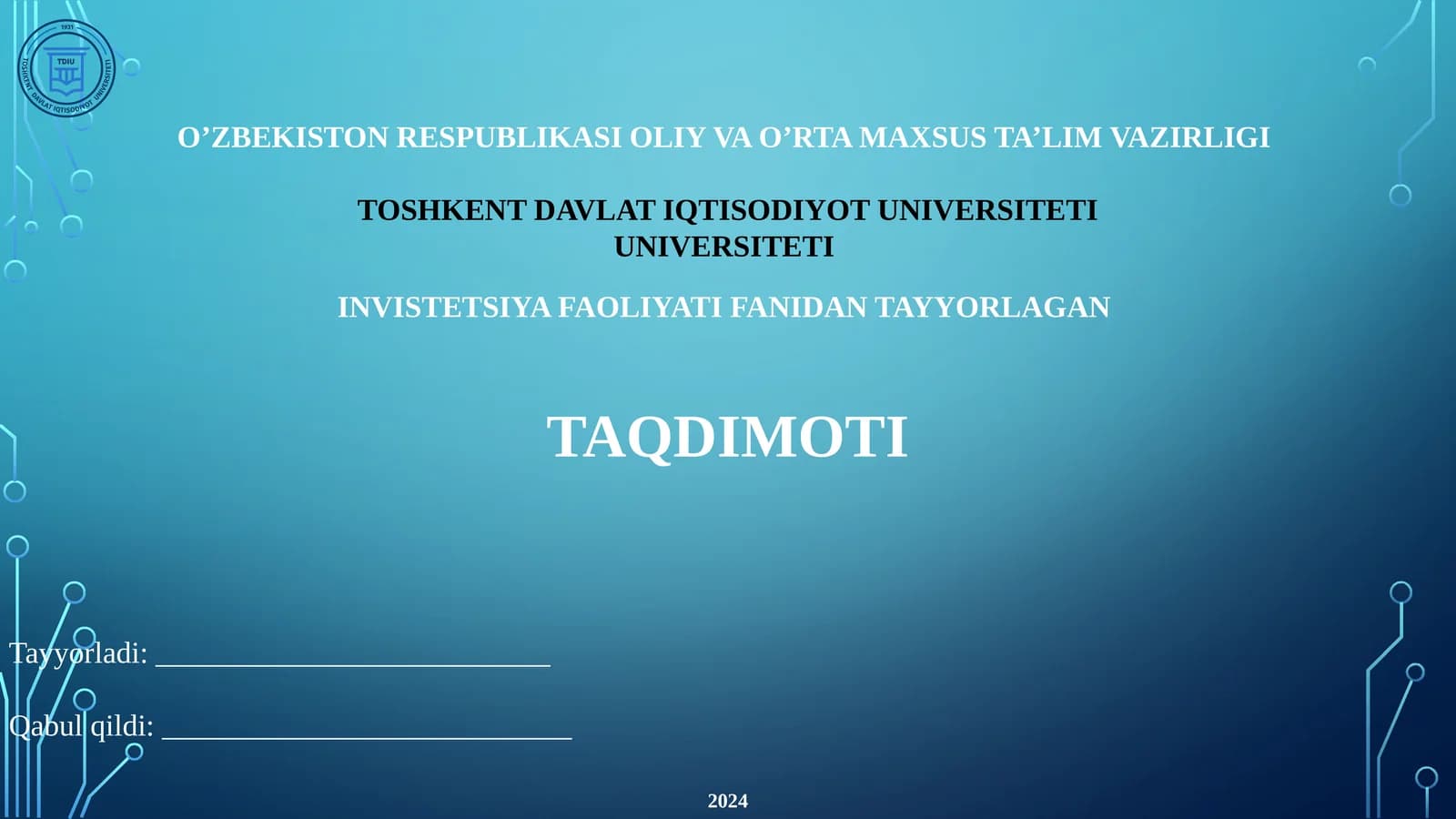 Investitsiya Faoliyatidan Tayyorlagan Taqdimoti