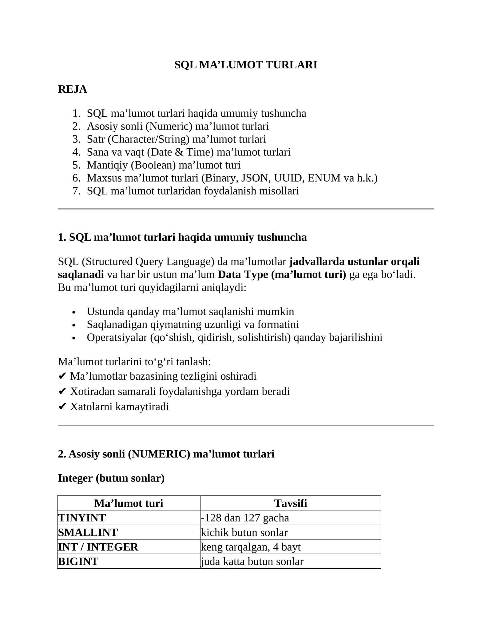 SQL MA’LUMOT TURLARI