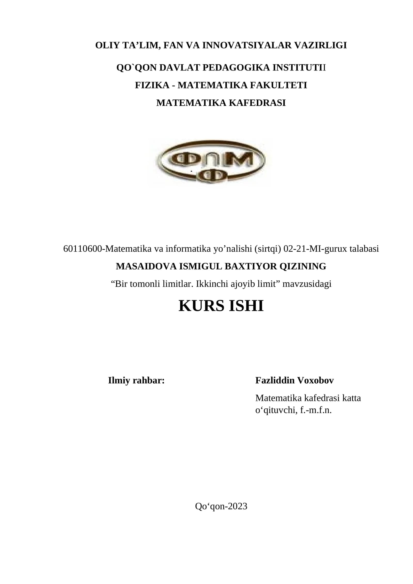 "Bir tomonli limitlar. Ikkinchi ajoyib limit" mavzusidagi KURS ISHI
