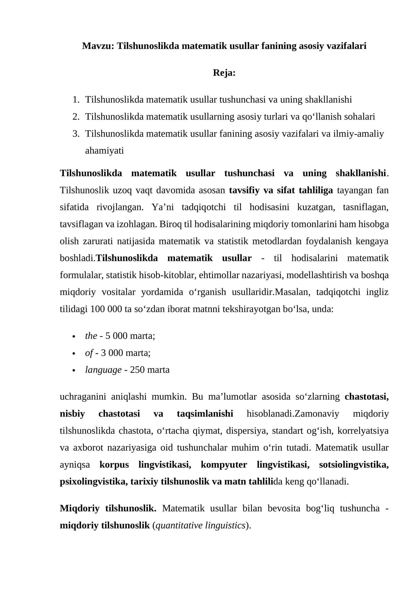 Tilshunoslikda matematik usullar fanining asosiy vazifalari
