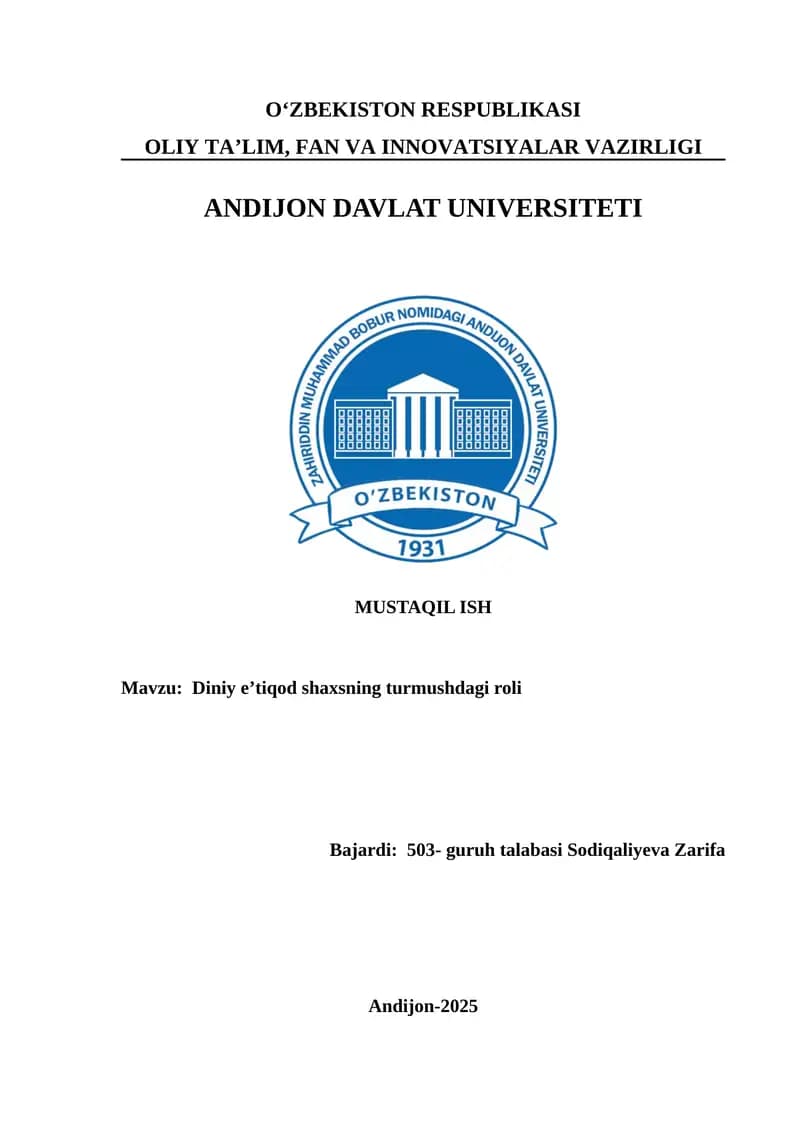 Diniy e’tiqod shaxsning turmushdagi roli
