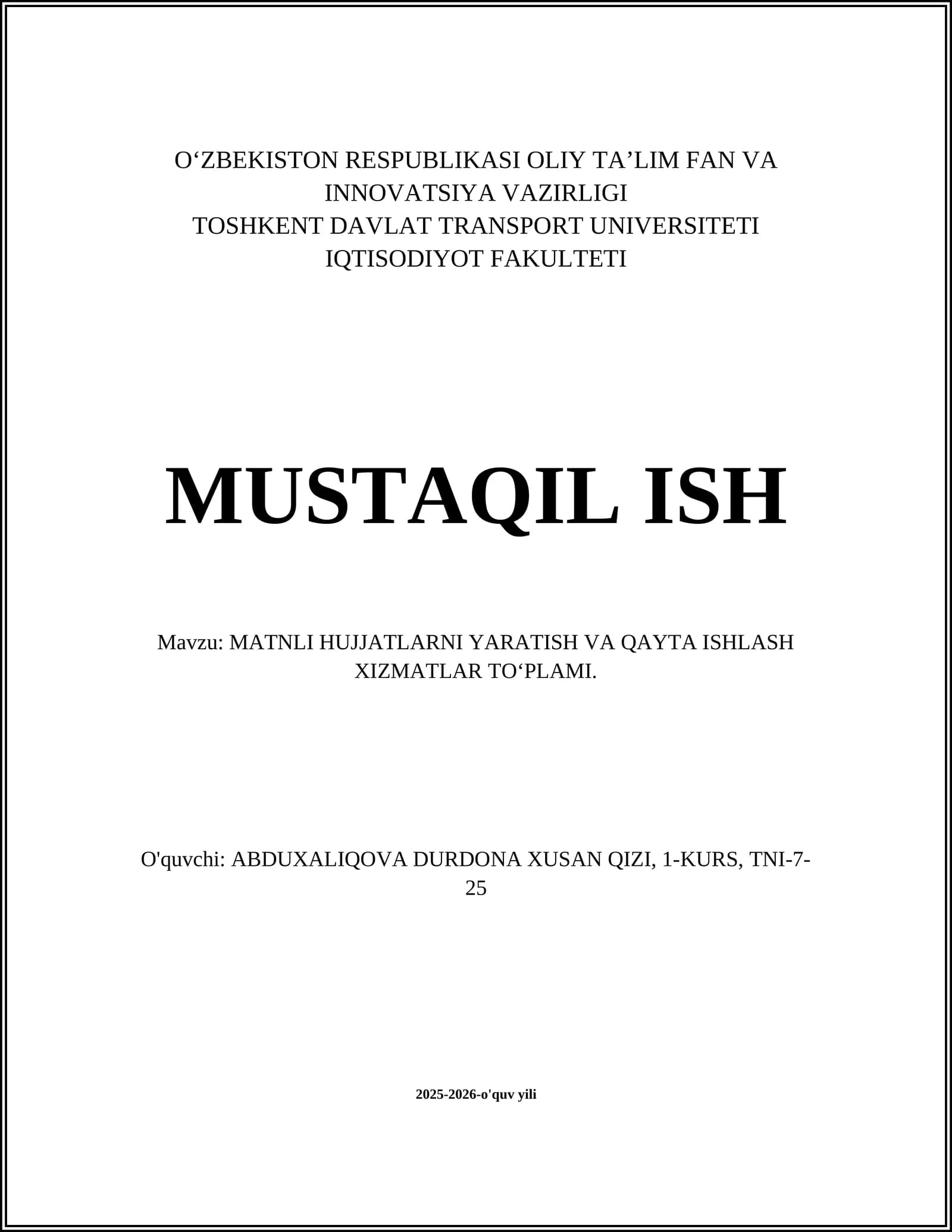 MATNLI HUJJATLARNI YARATISH VA QAYTA ISHLASH XIZMATLAR TO‘PLAMI