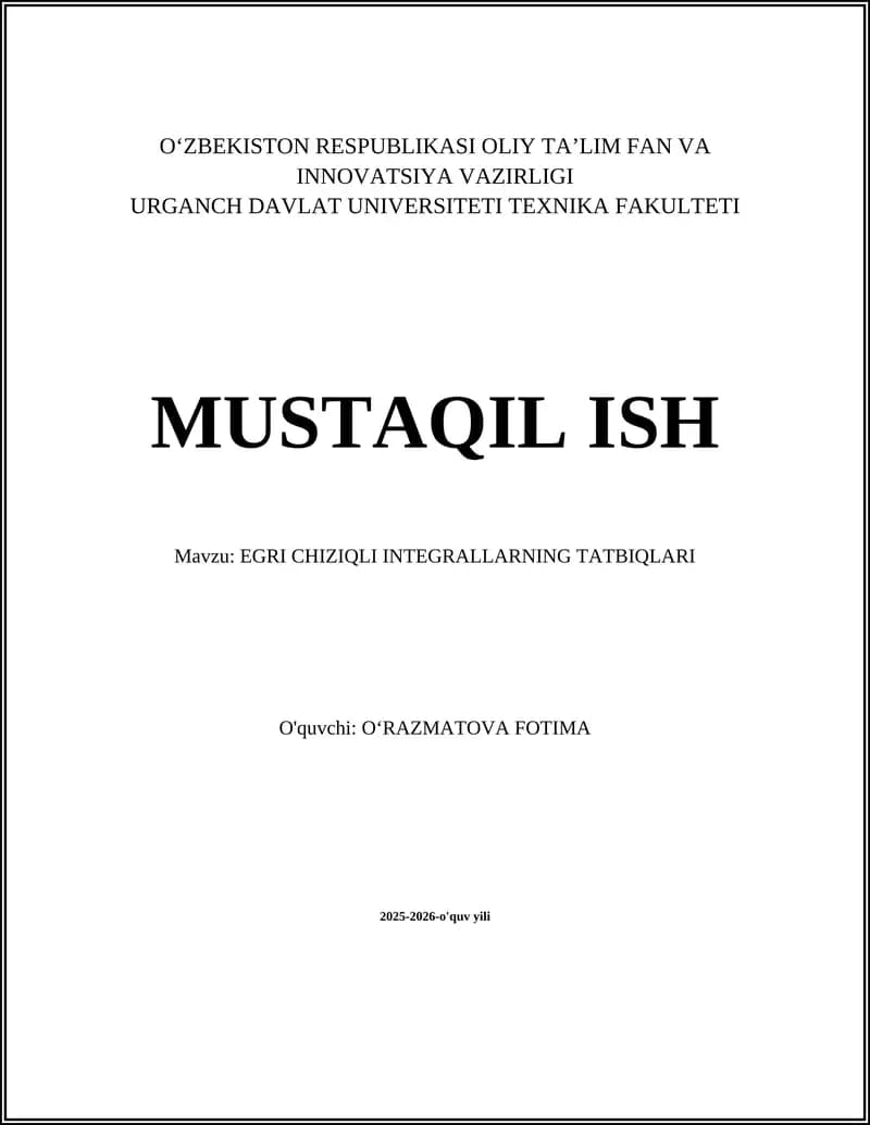 EGRI CHIZIQLI INTEGRALLARNING TATBIQLARI