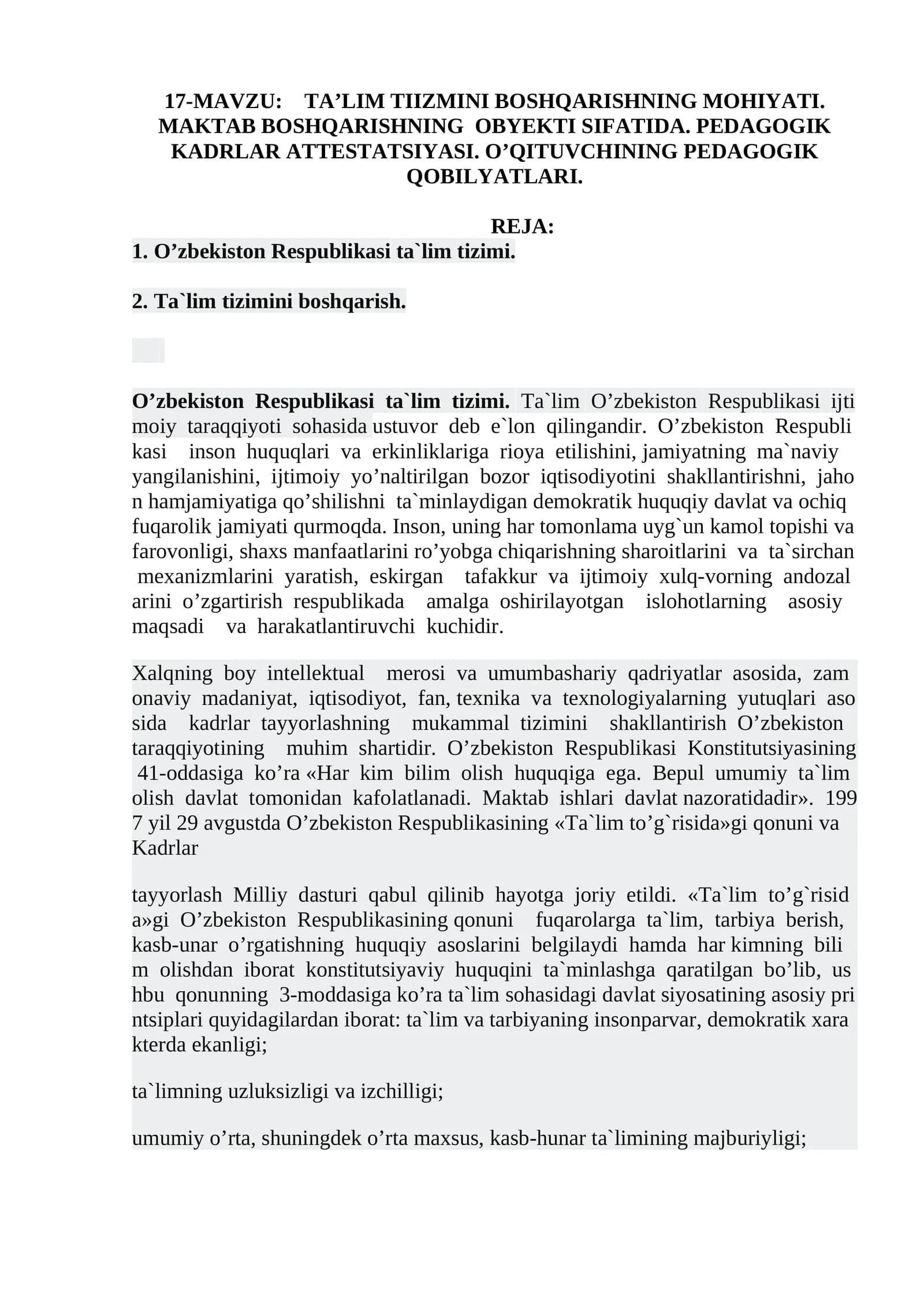 TA’LIM TIIZMINI BOSHQARISHNING MOHIYATI. MAKTAB BOSHQARISHNING OBYEKTI SIFATIDA. PEDAGOGIK KADRLAR ATTESTATSIYASI. O’QITUVCHINING PEDAGOGIK QOBILYATLARI