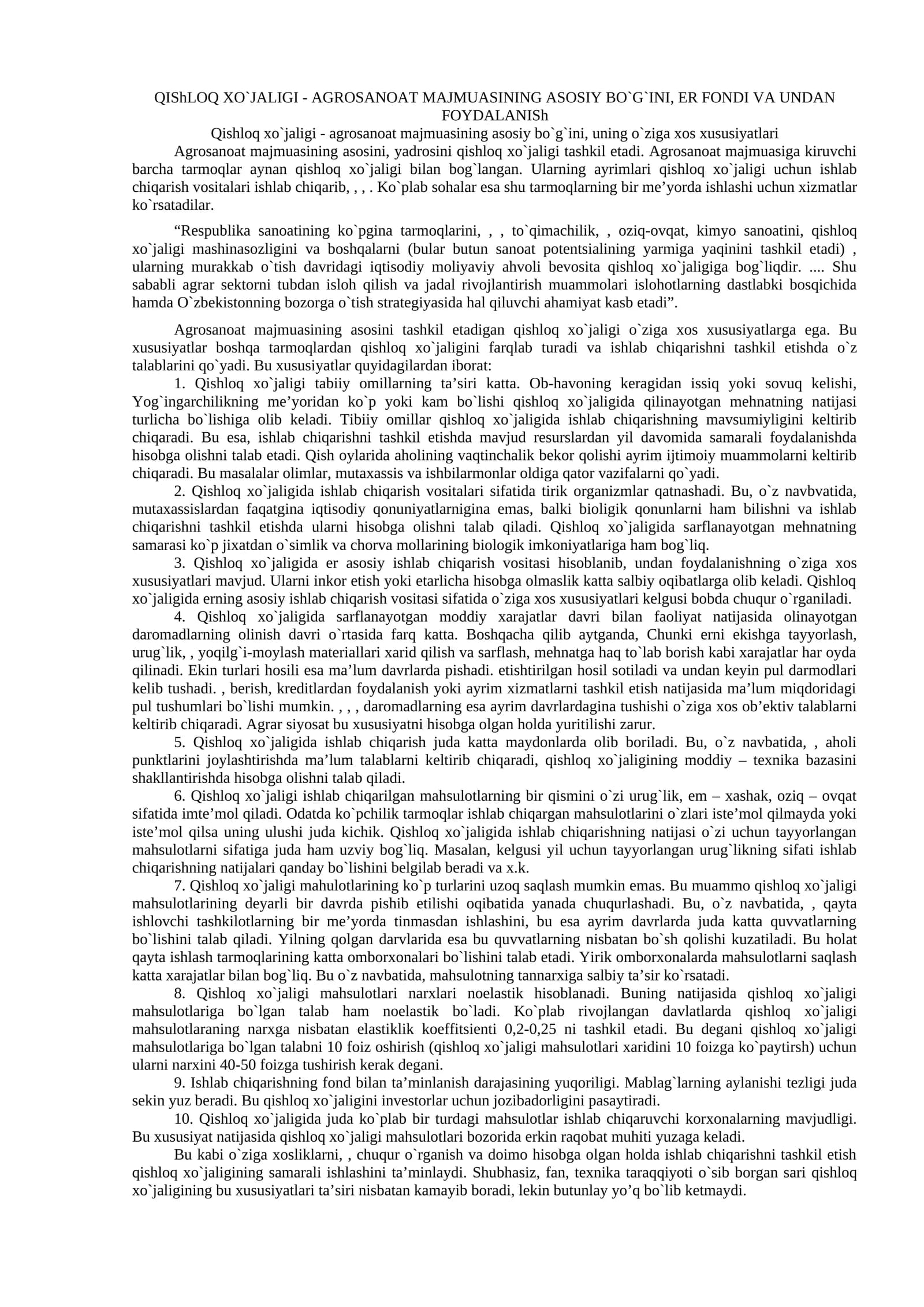 QIShLOQ XO`JALIGI - AGROSANOAT MAJMUASINING ASOSIY BO`G`INI, ER FONDI VA UNDAN FOYDALANISh