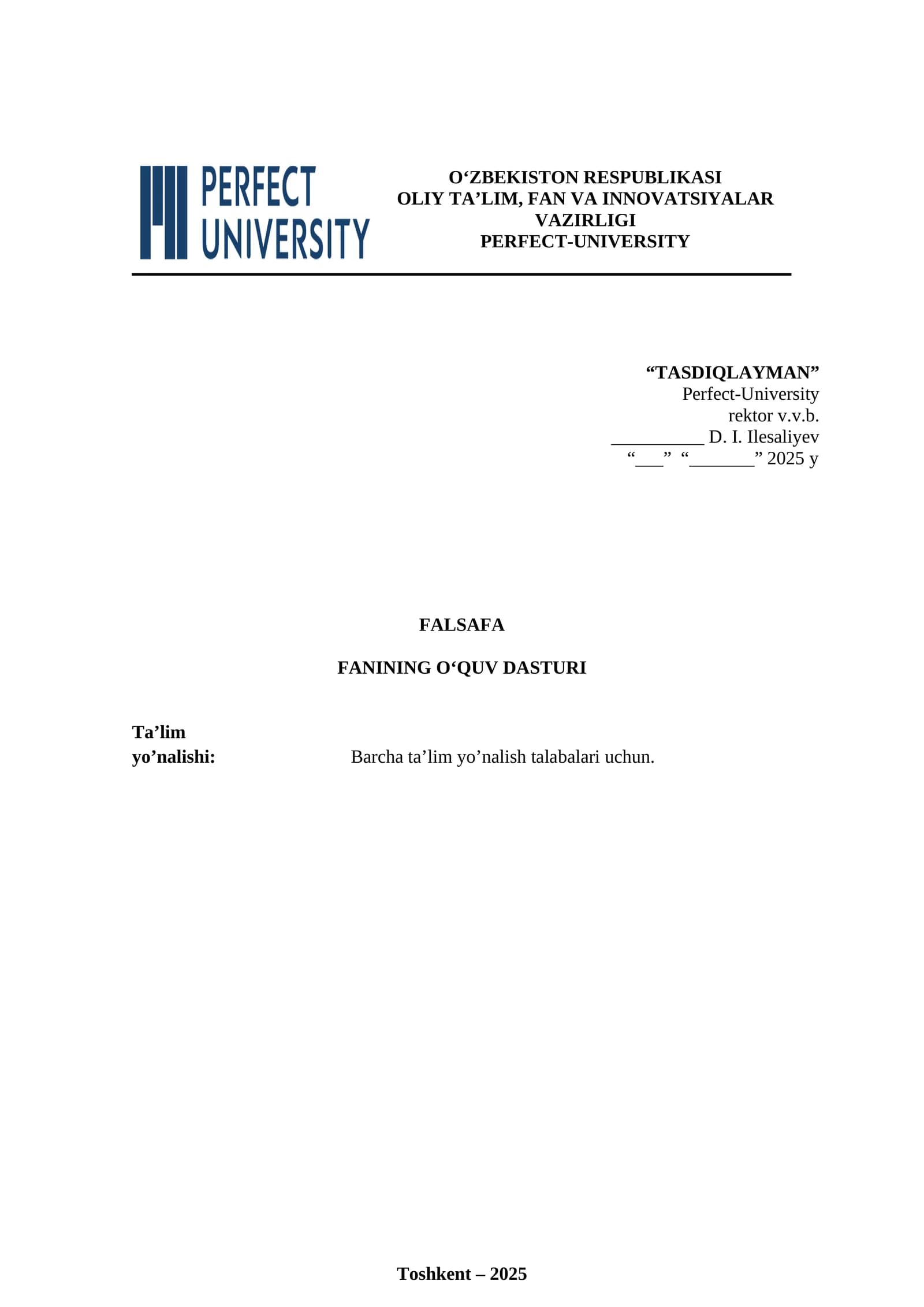 FALSAFA FANINING OʻQUV DASTURI