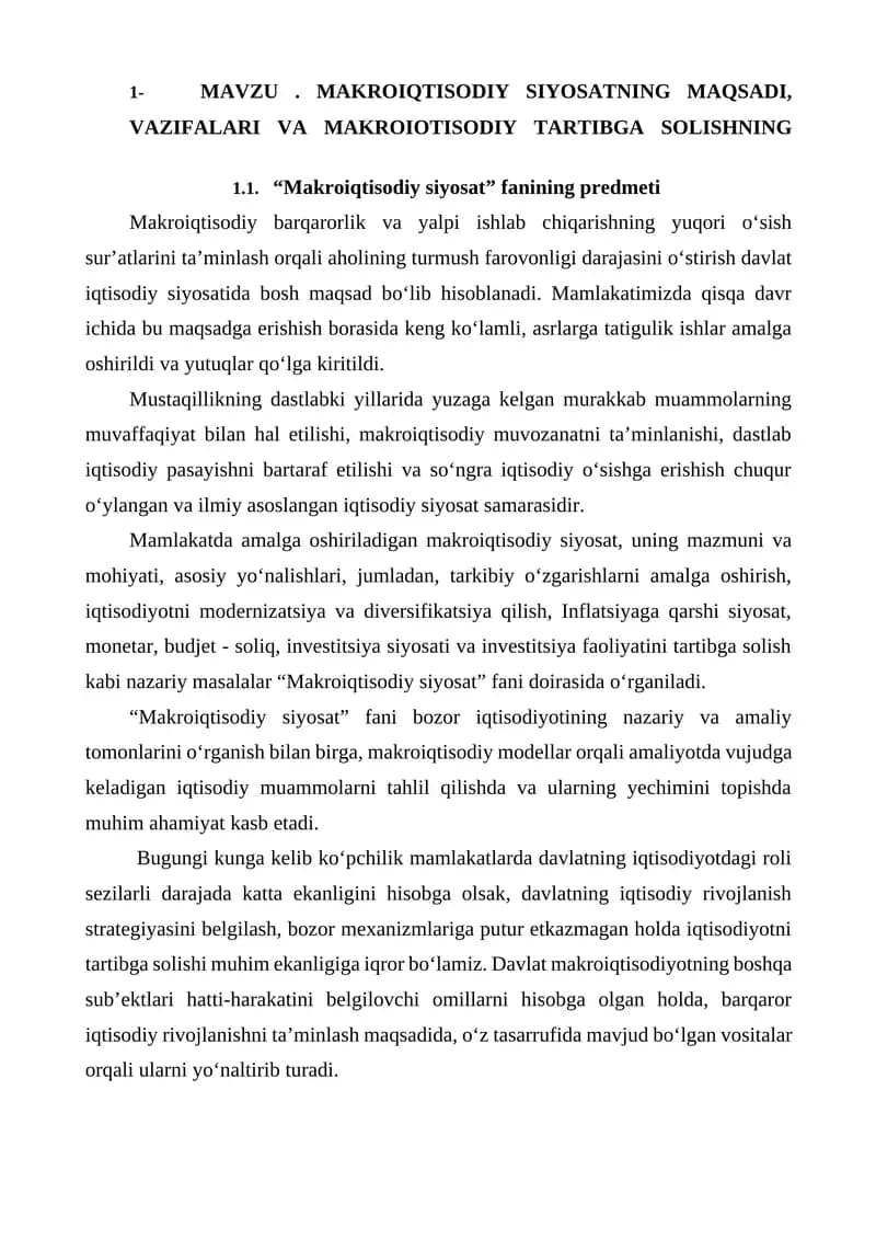 MAKROIQTISODIY SIYOSATNING MAQSADI, VAZIFALARI VA MAKROIQTISODIY TARTIBGA SOLISHNING ZARURIYATI