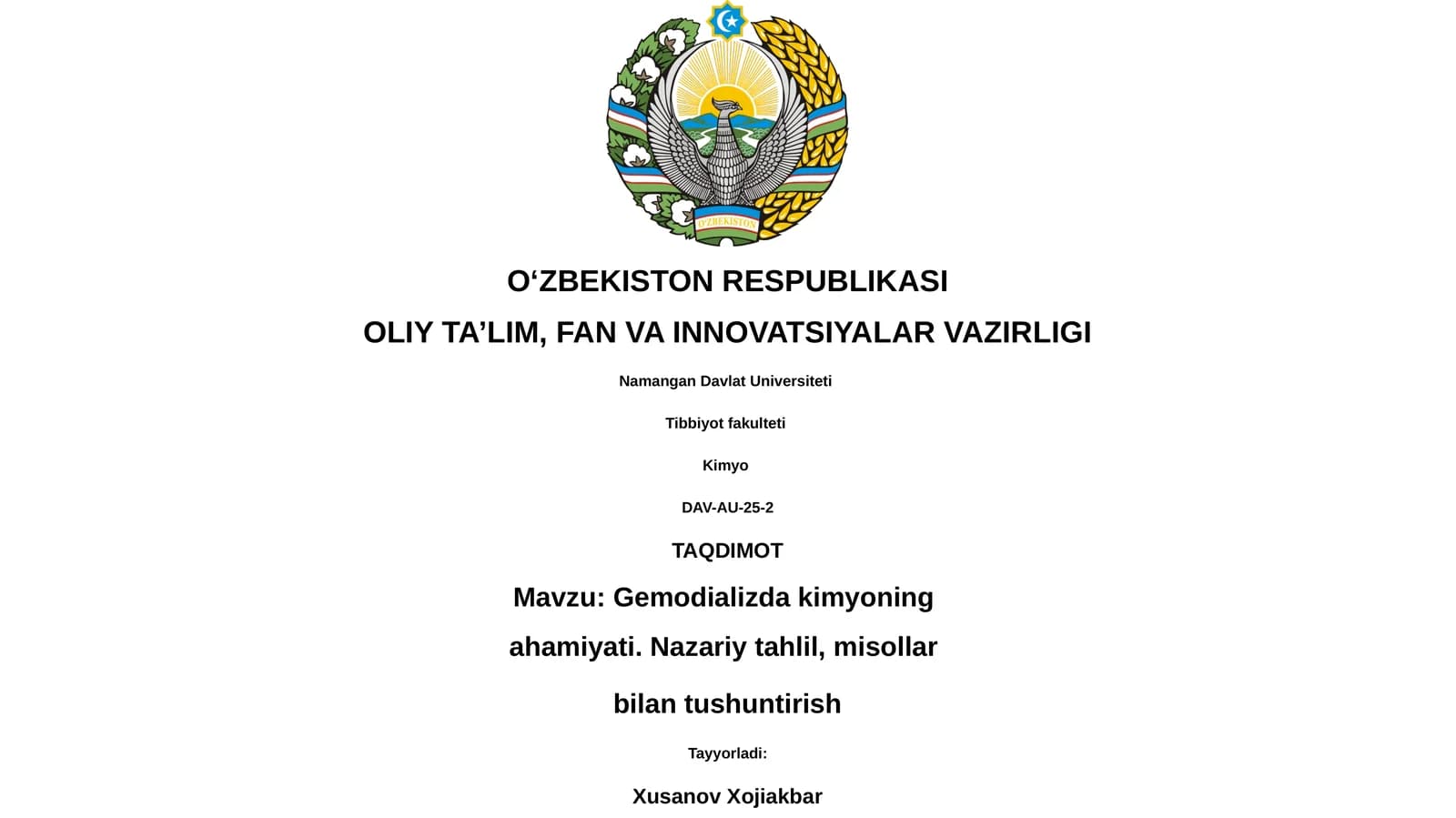 Gemodializda kimyoning ahamiyati. Nazariy tahlil, misollar bilan tushuntirish