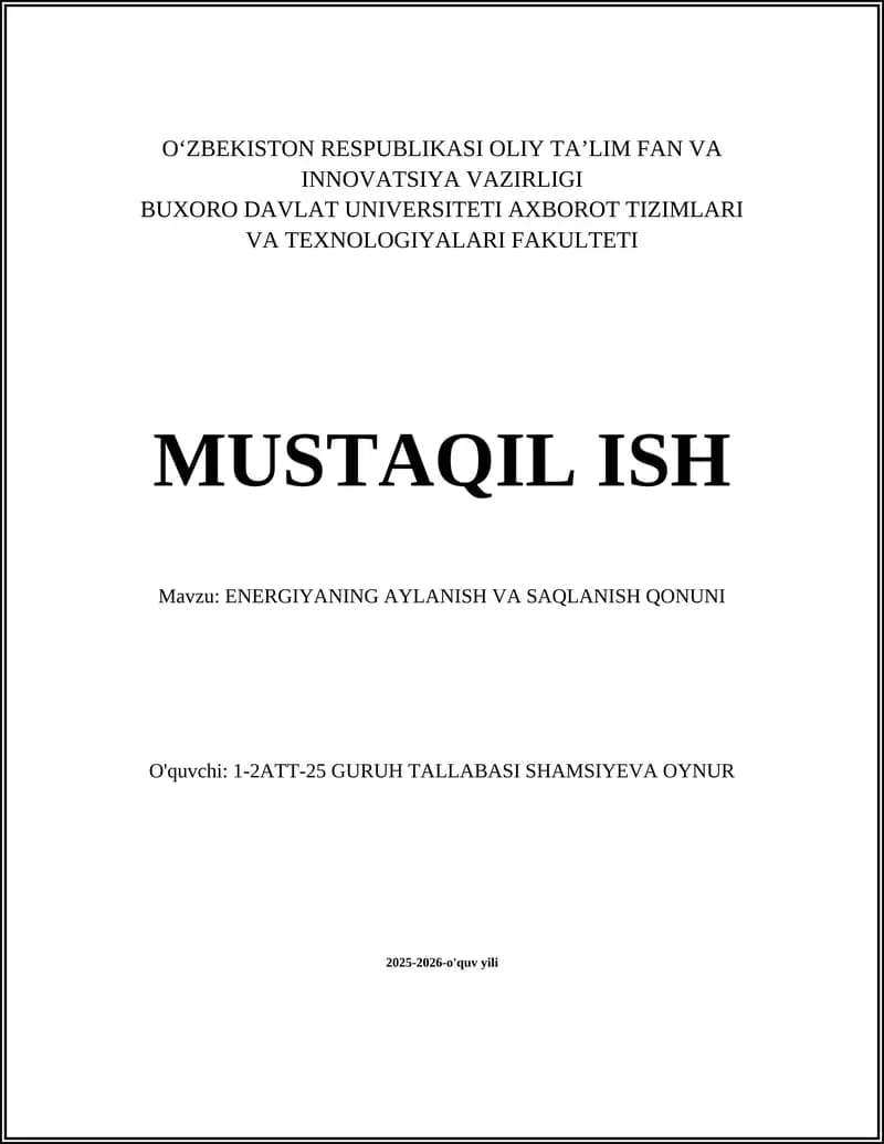 ENERGIYANING AYLANISH VA SAQLANISH QONUNI