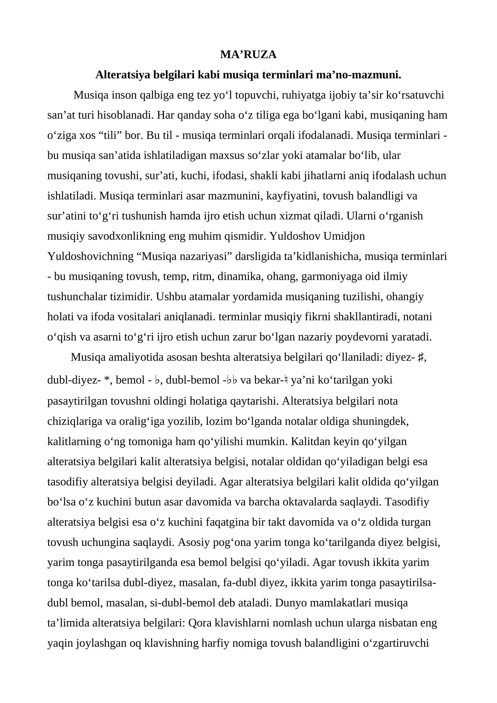 Alteratsiya belgilari kabi musiqa terminlari ma’no-mazmuni.