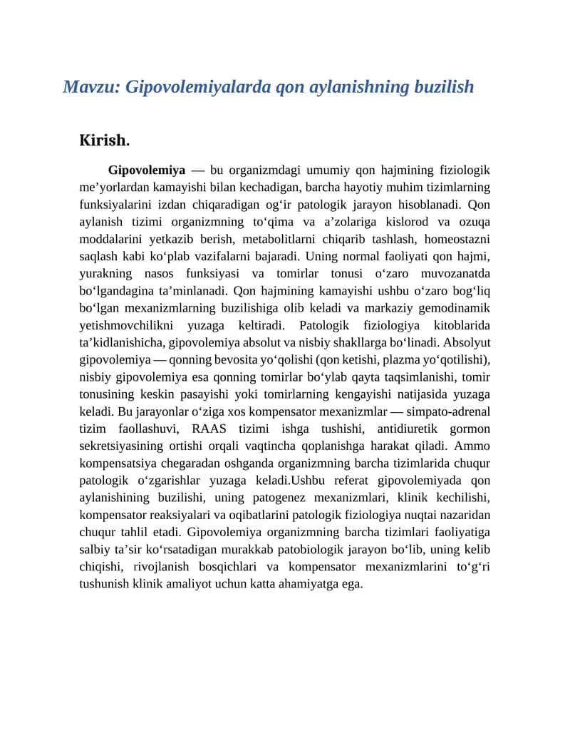 Gipovolemiyada qon aylanishining buzilishi