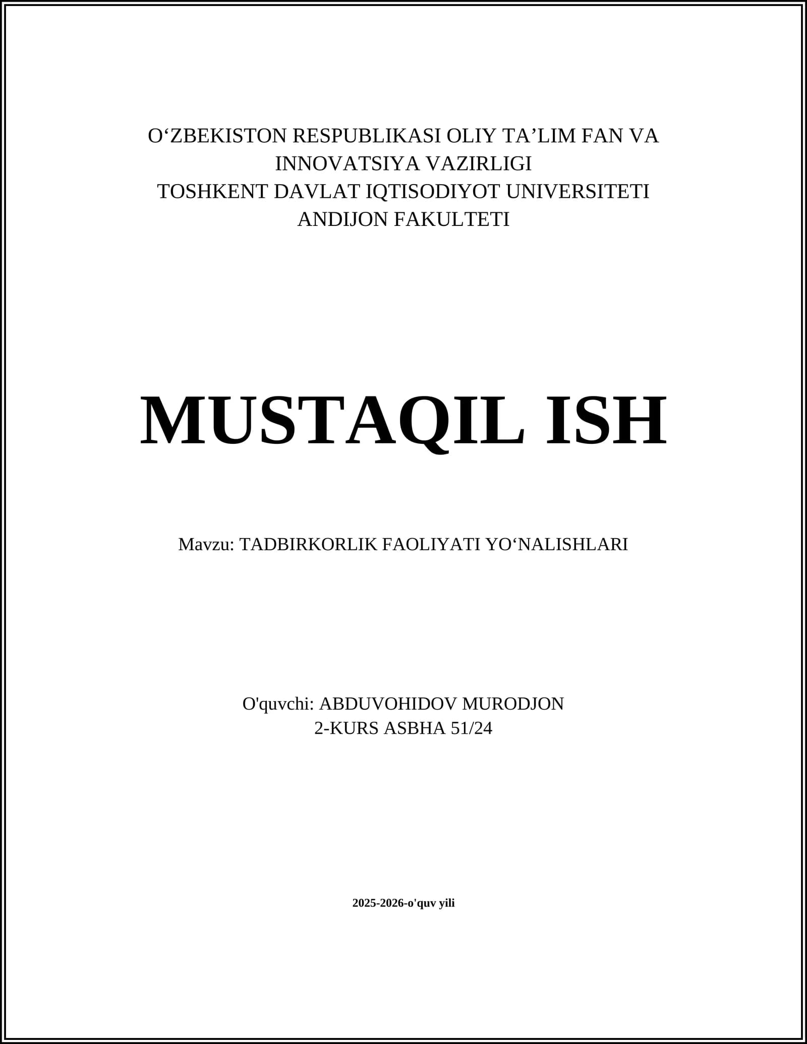 Tadbirkorlik Faoliyati Yoʻnalishlari