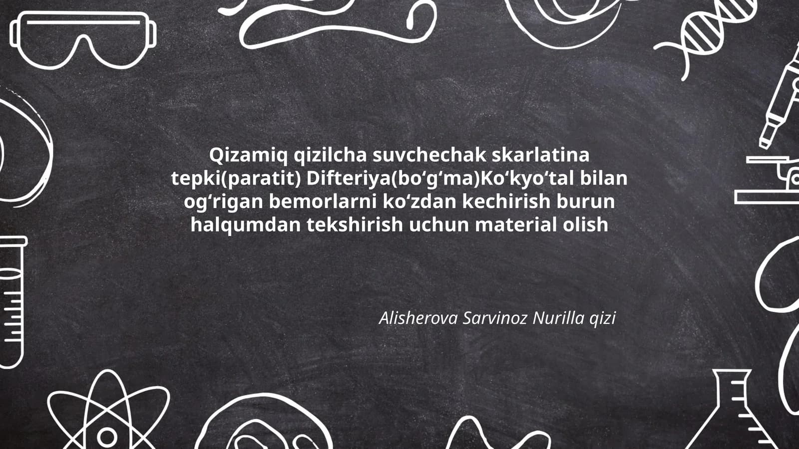 Qizamiq qizilcha suvchechak skarlatina tepki(paratit) Difteriya(boʻgʻma)Koʻkyoʻtal bilan ogʻrigan bemorlarni koʻzdan kechirish burun halqumdan tekshirish uchun material olish