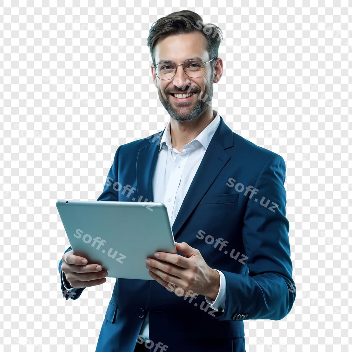 Gulovchi biznesmen tabletdan foydalanuvchi | Smiling businessman using tablet