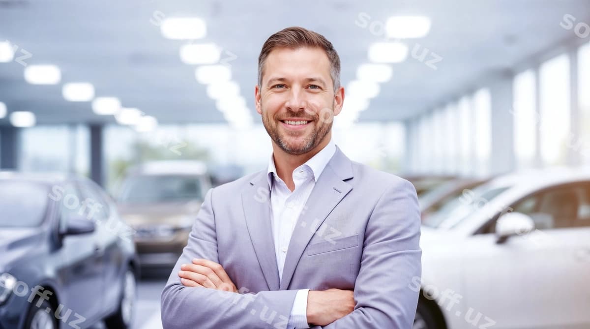 Guldirgan mashina sotuvchi shouroom | Smiling car salesman showroom