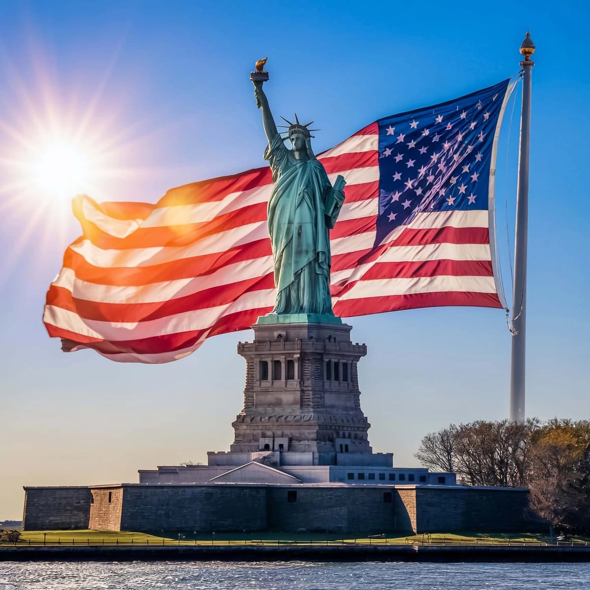 Ozodlik haykali quyosh porlashi bilan ko'rsatilgan | Statue liberty is shown with sun shining it